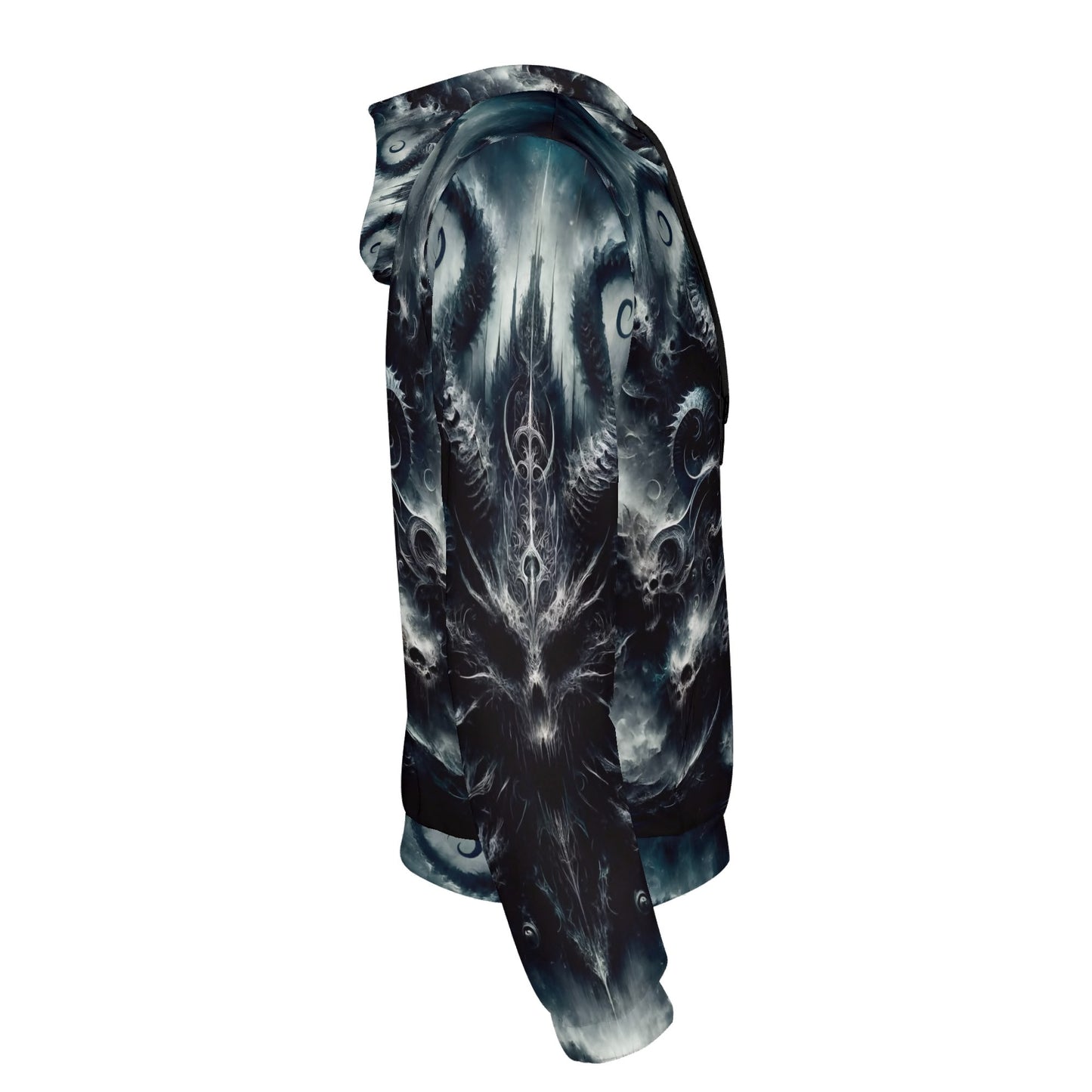 Side view of Ashen Spiral of the Endborn Poly French Terry Hoodie with dark fantasy design by Loud and Lethal