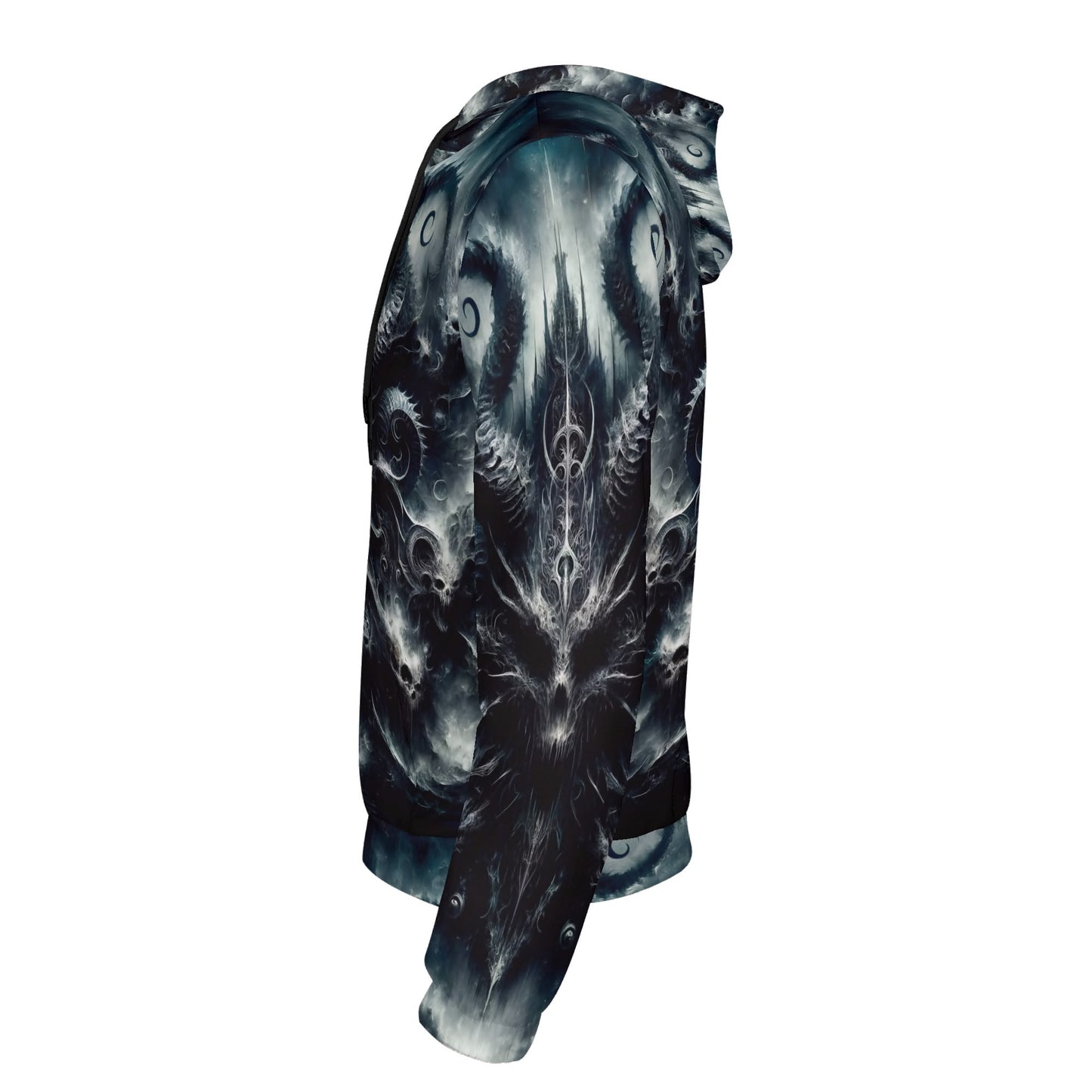 Side view of Loud and Lethal Ashen Spiral of the Endborn Poly French Terry Hoodie with dark abstract design