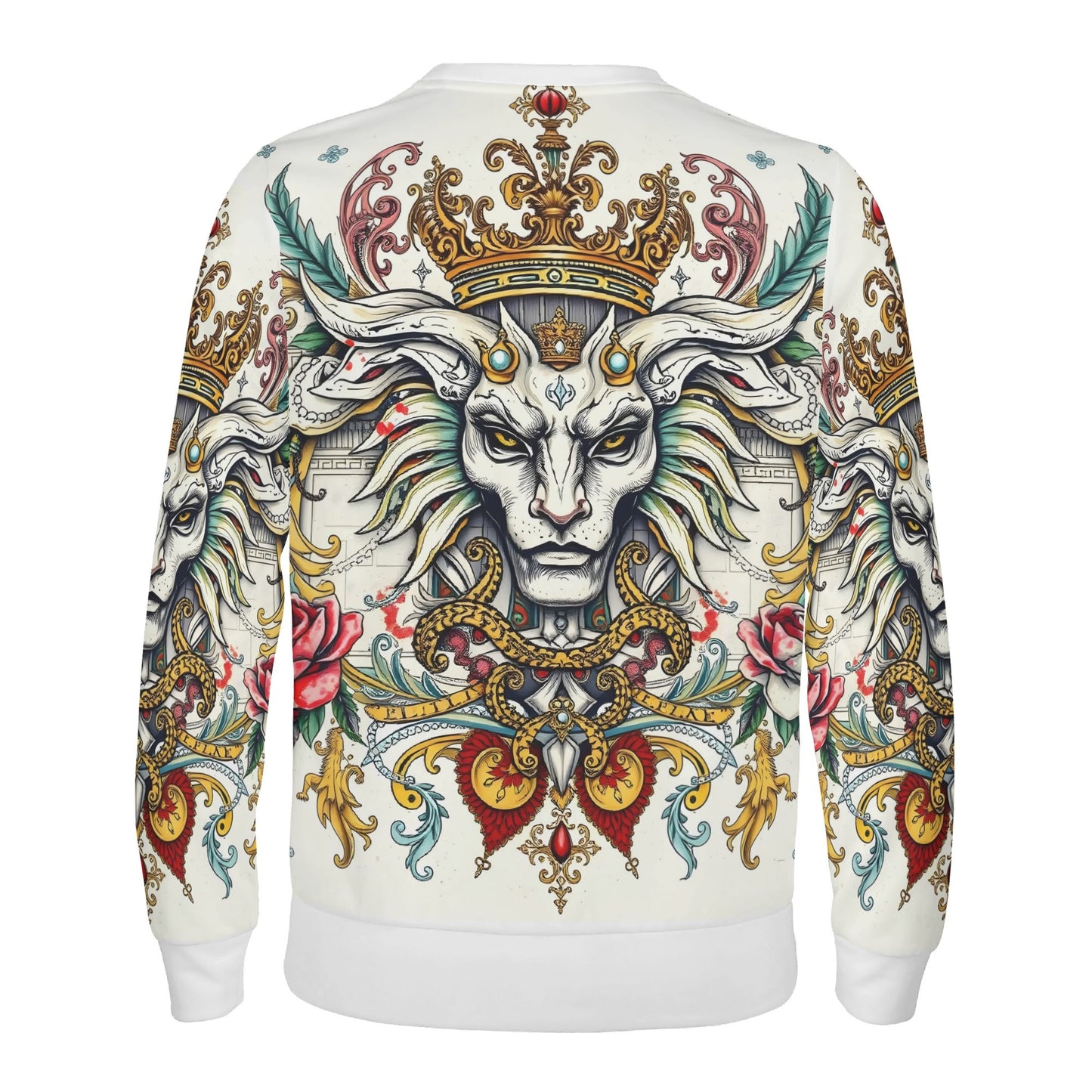 Mystical Majesty Limited Edition Poly French Terry Sweatshirt unisex white sweater with crowned lion and ornate floral print