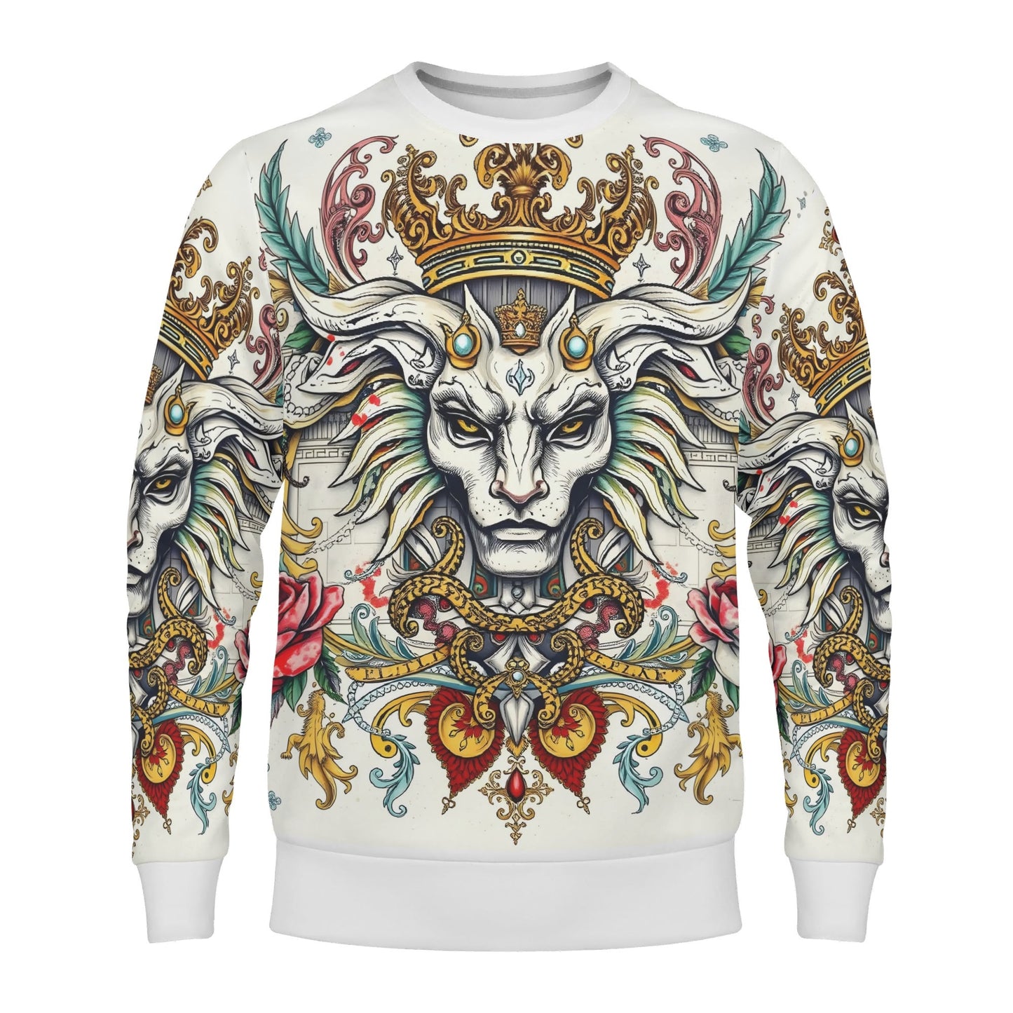 Unisex sweater with ornate crowned ram and baroque florals on white Mystical Majesty Limited Edition Poly French Terry Sweatshirt