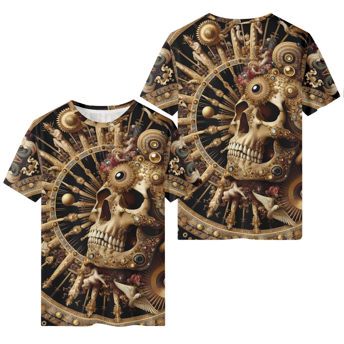 Baroque Bliss 100% Cotton T-Shirt featuring an ornate skull design with intricate golden and mechanical details