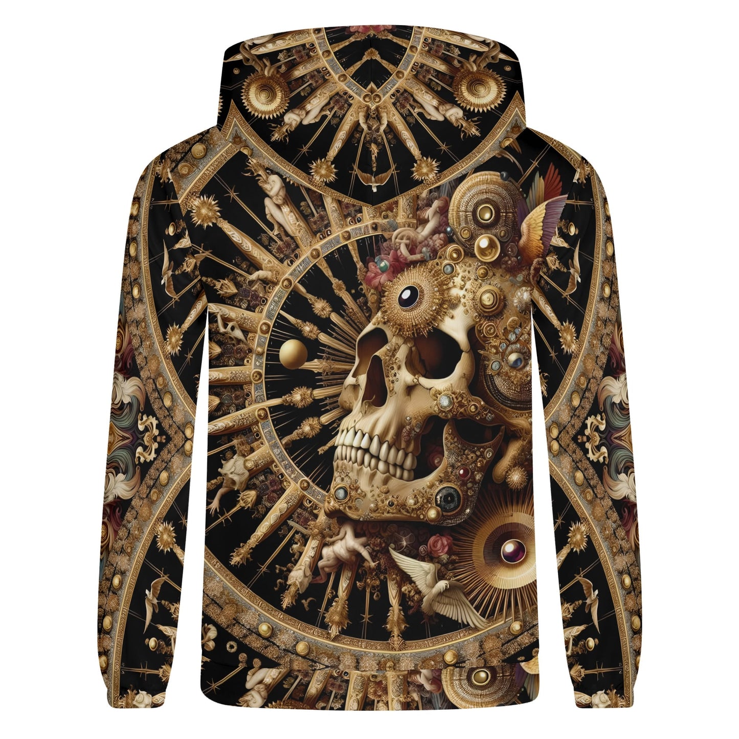 Baroque bliss cotton terry hoodie featuring an intricate gold and black skull design with ornate decorative elements