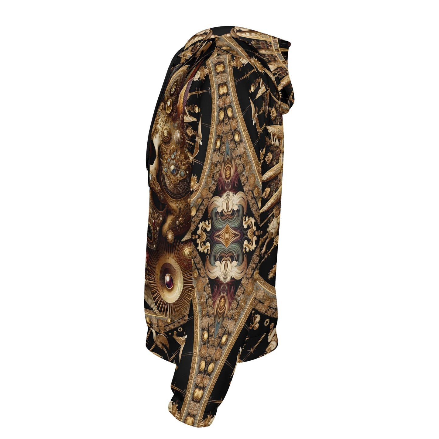 Side view of Loud and Lethal baroque bliss cotton terry hoodie with intricate gold and black baroque design