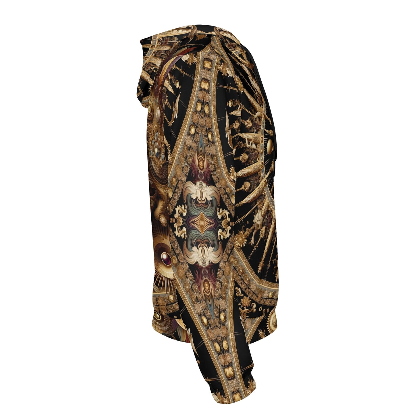 Side view of Loud and Lethal baroque bliss cotton terry hoodie with intricate gold and black ornate design