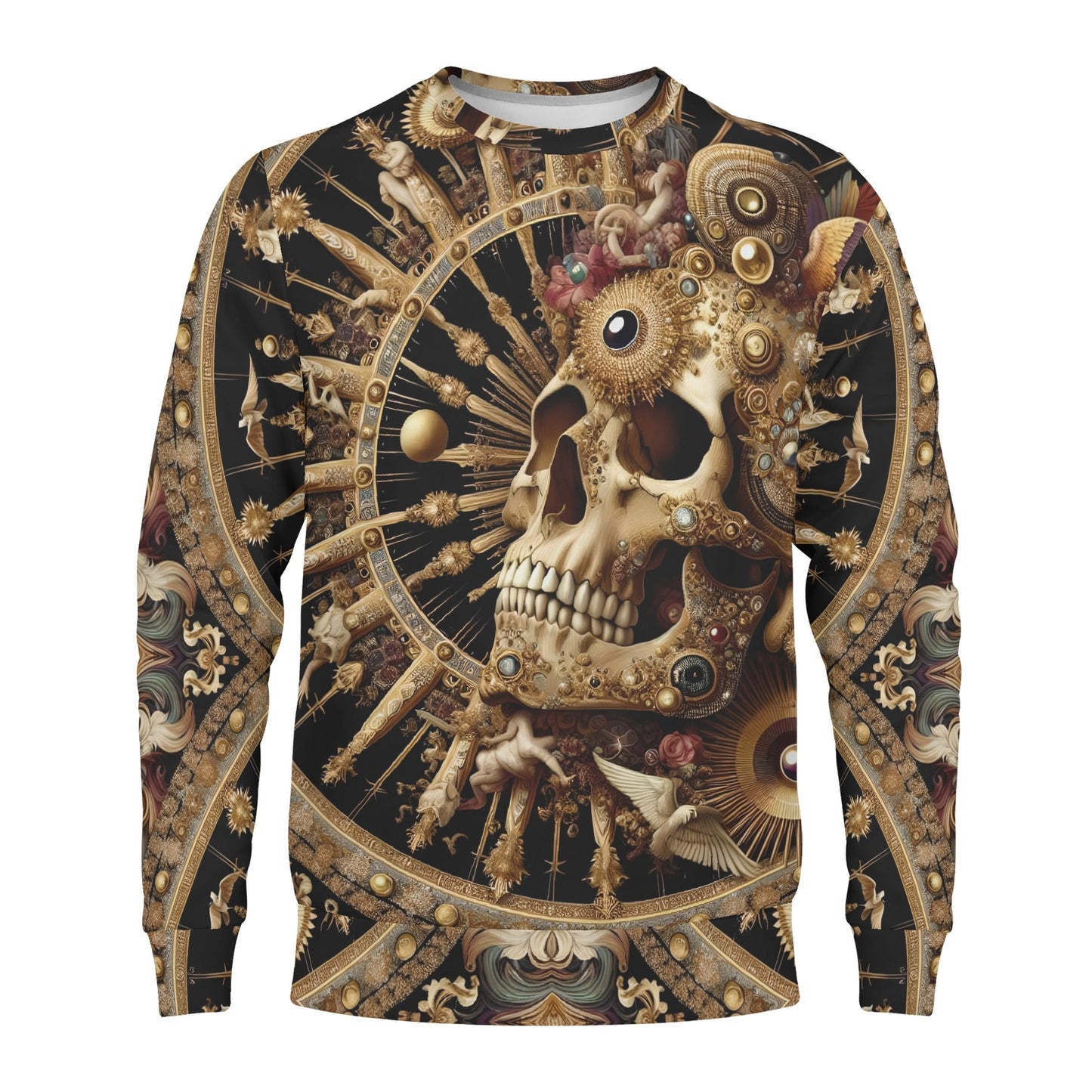 Baroque Bliss Poly French Terry Sweatshirt unisex sweater with ornate skull and intricate golden baroque design