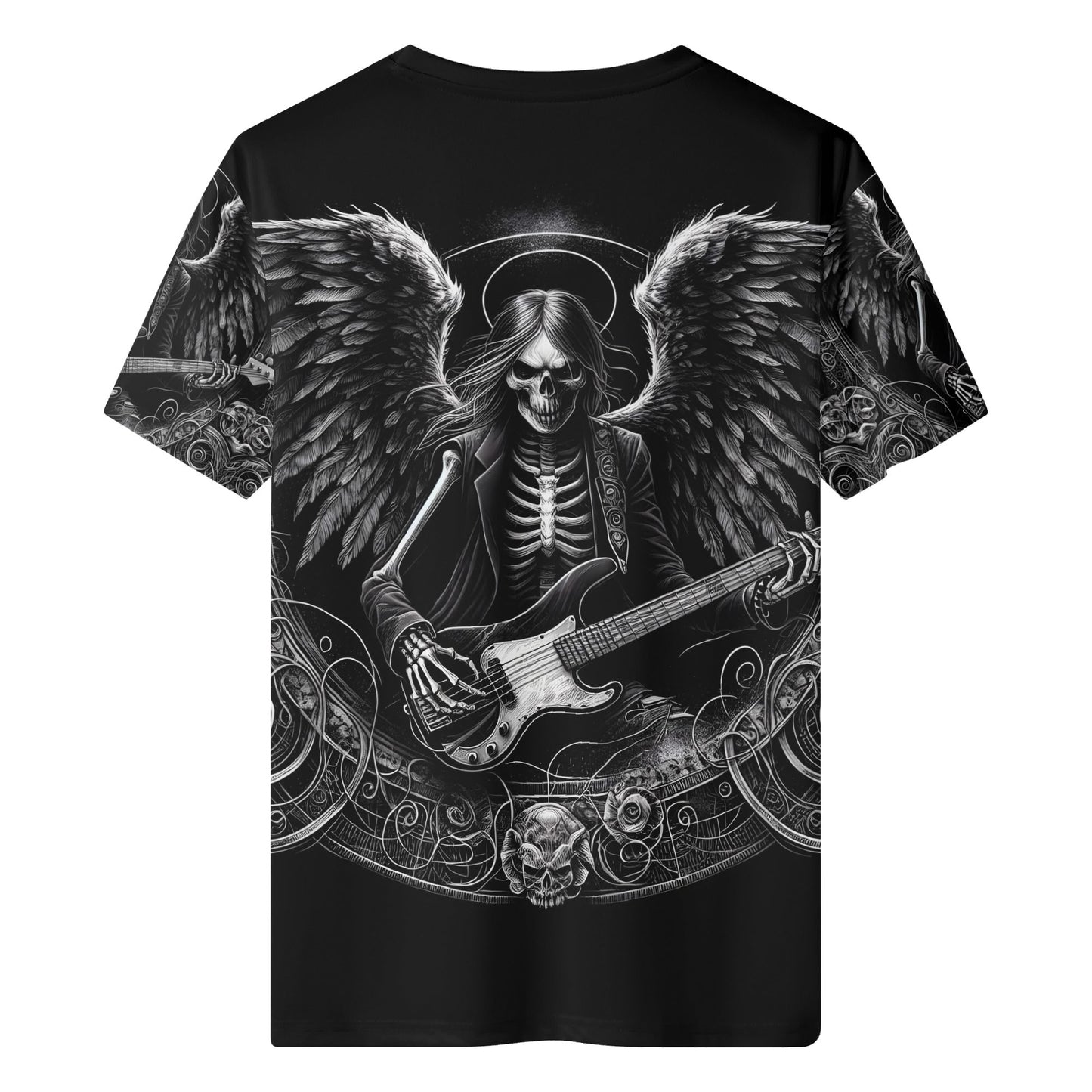 Loud and Lethal Bass Angel 100 Cotton T-Shirt with skeleton angel playing bass guitar design
