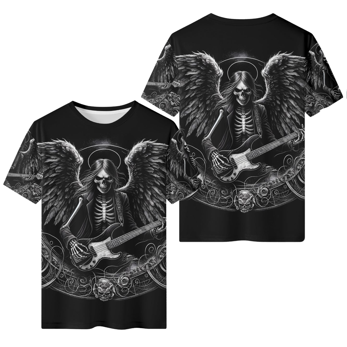 Bass Angel 100 Cotton T-Shirt by Loud and Lethal featuring a skeleton angel playing bass guitar on black