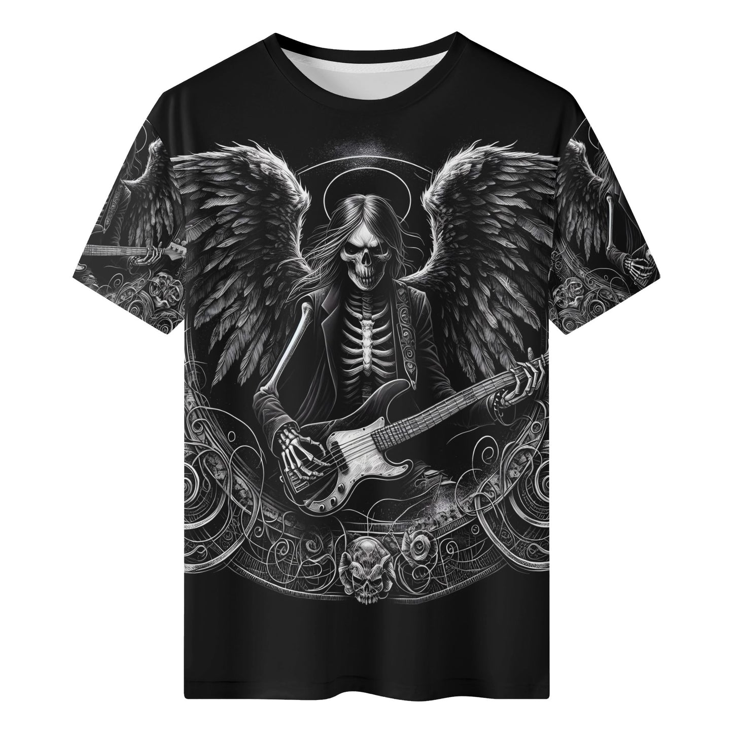 Bass Angel 100 Cotton T-Shirt featuring a black skeleton angel playing bass guitar with detailed wings