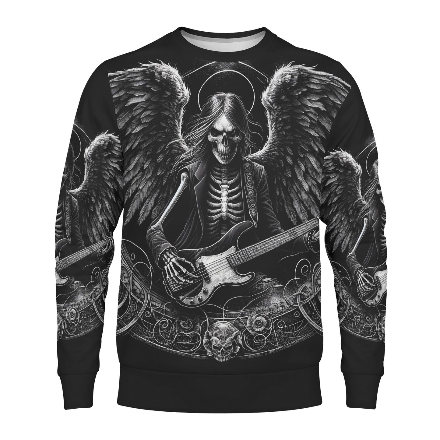 Loud and Lethal Bass Angel Poly French Terry Sweatshirt unisex black skeleton angel playing bass guitar