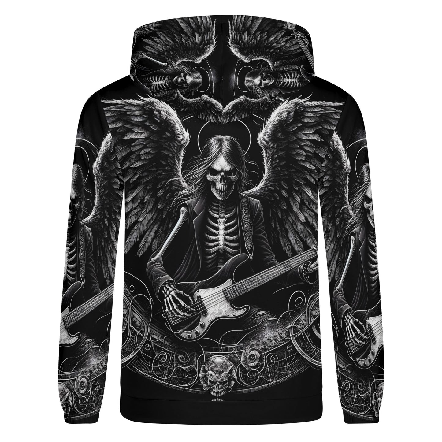 Bass Angel Cotton Terry Hoodie with skeleton angel playing bass guitar graphic in black and gray