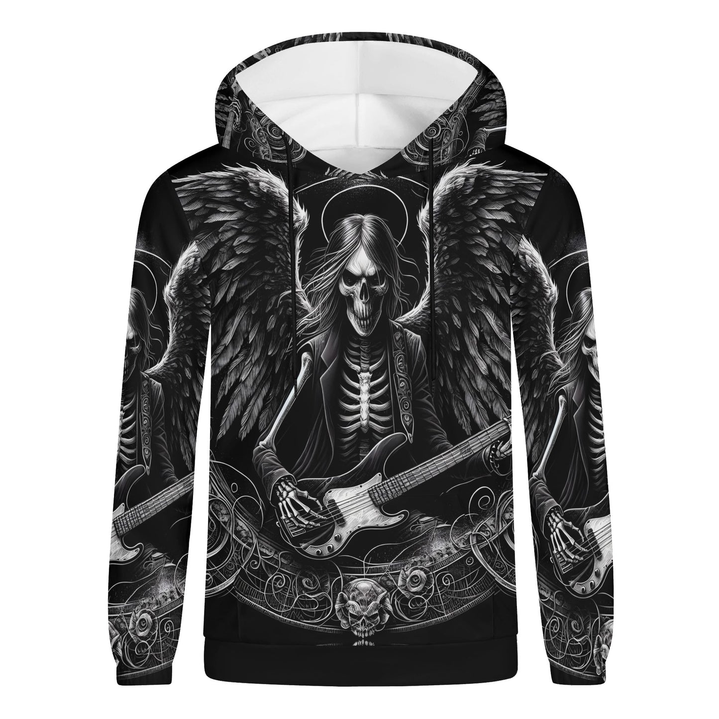 Bass Angel Cotton Terry Hoodie by Loud and Lethal featuring black angel skeleton playing electric guitar