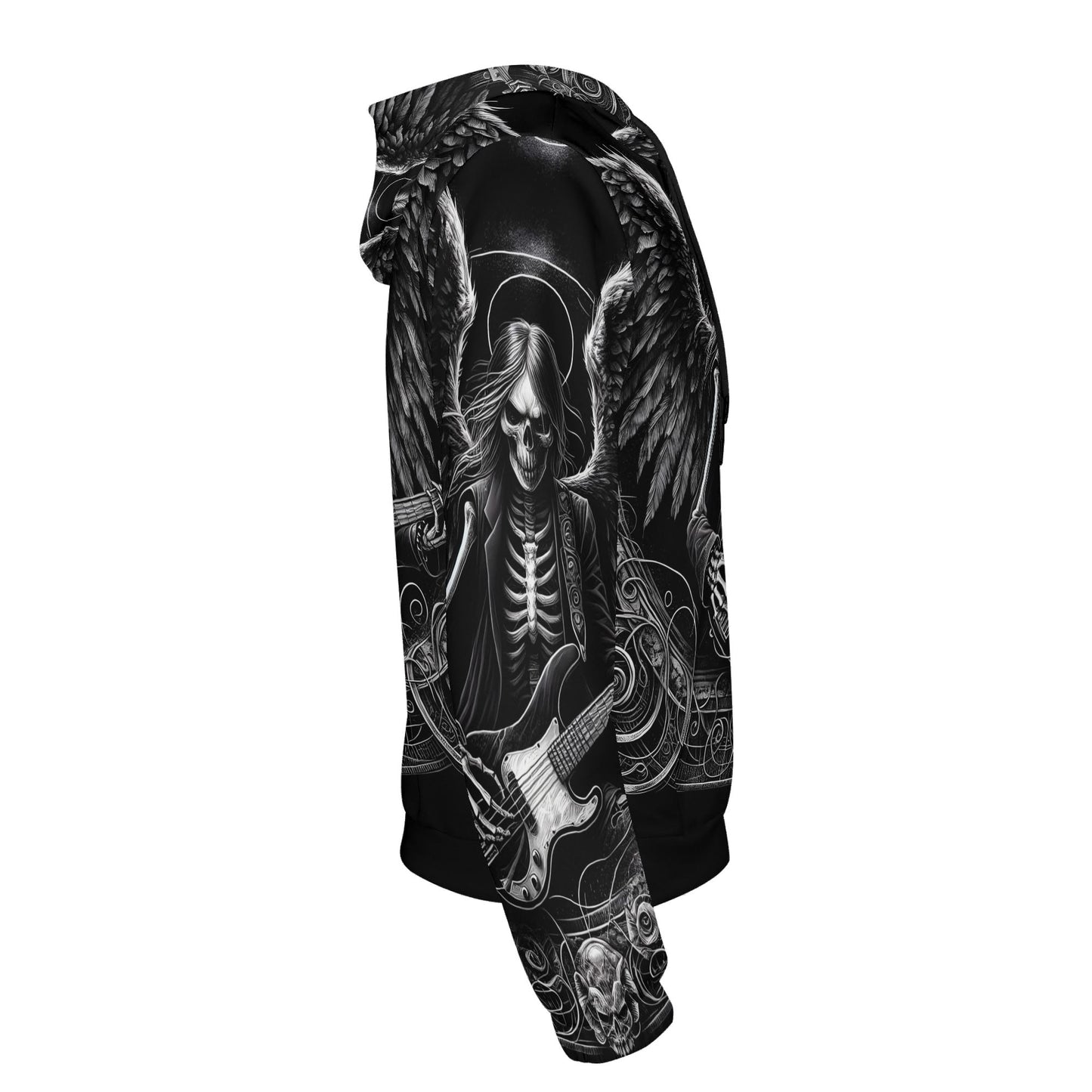 Bass Angel Cotton Terry Hoodie by Loud and Lethal with black skeleton angel playing electric guitar