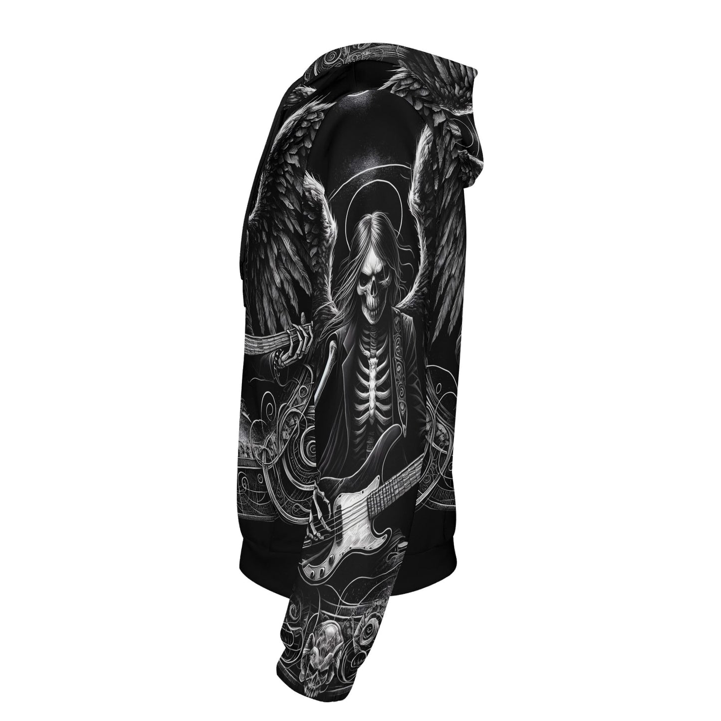 Bass Angel Cotton Terry Hoodie with dark skeleton angel and guitar graphic by Loud and Lethal