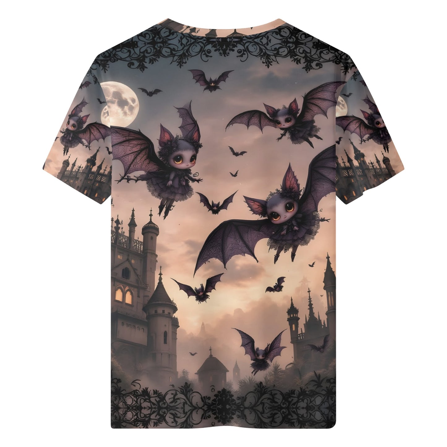 Batty Wonderland Kids Org Cotton T-Shirt with cute bats and castle design at sunset