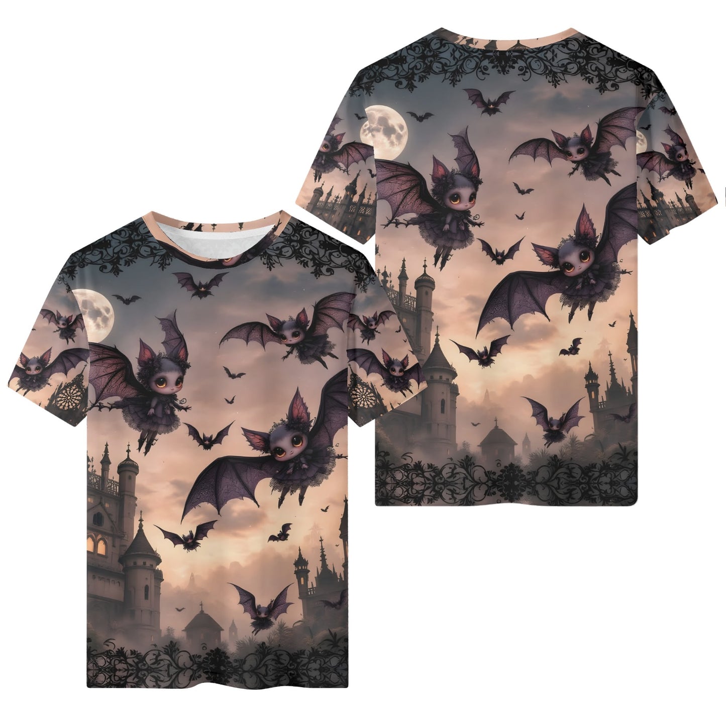 Batty Wonderland Kids Org Cotton T-Shirt with cute bats flying over a spooky castle at dusk