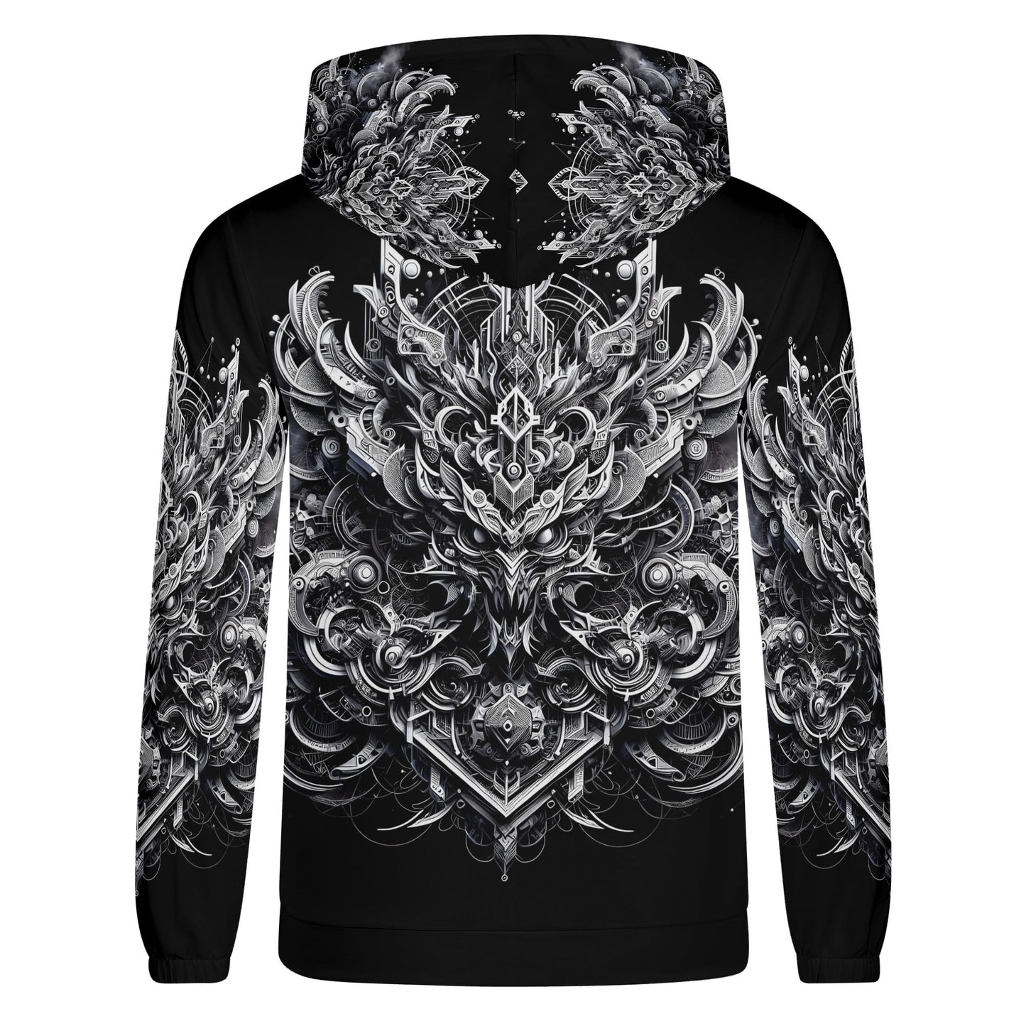 Back view of Loud and Lethal Beast in Motion Cotton Terry hoodie with intricate black and white mechanical beast design