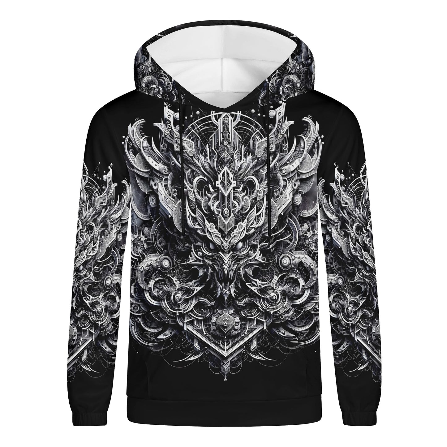 Black unisex Beast in Motion Cotton Terry hoodie with intricate silver mechanical dragon design