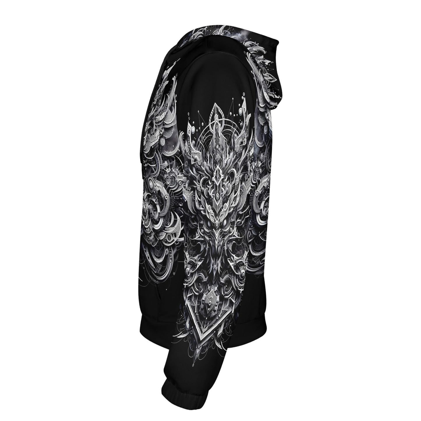 Black unisex Beast in Motion Cotton Terry hoodie by Loud and Lethal with intricate white graphic design on sleeve and hood