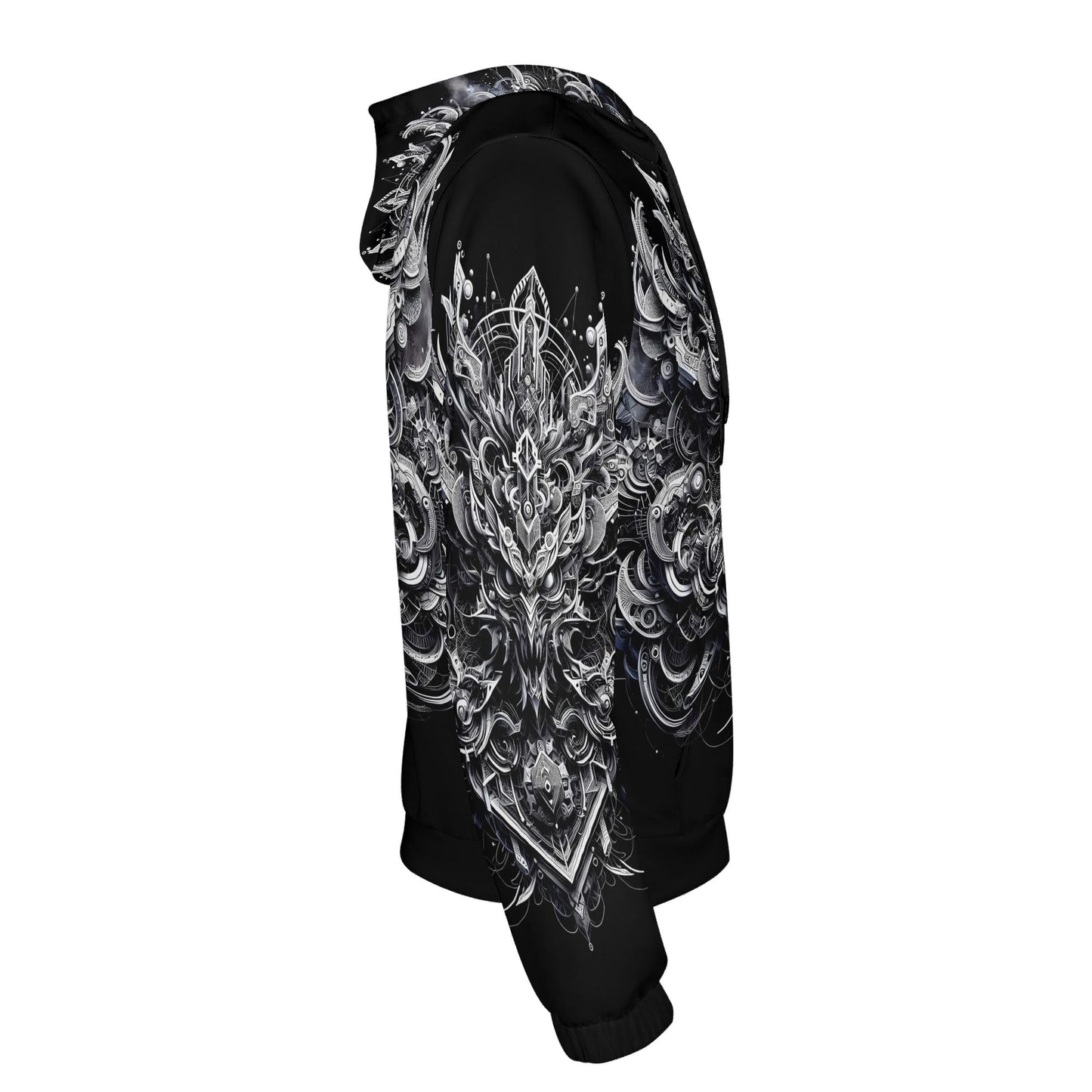 Side view of Loud and Lethal Beast in Motion Cotton Terry hoodie with intricate black and white graphic design