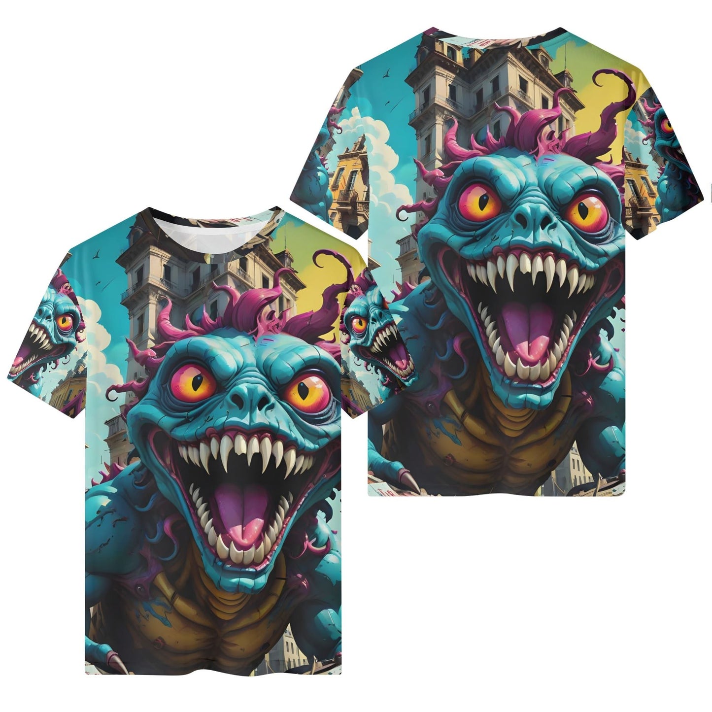 Beast in the Blocks Organic Cotton Kids T-Shirt with vibrant monster graphic and cityscape background