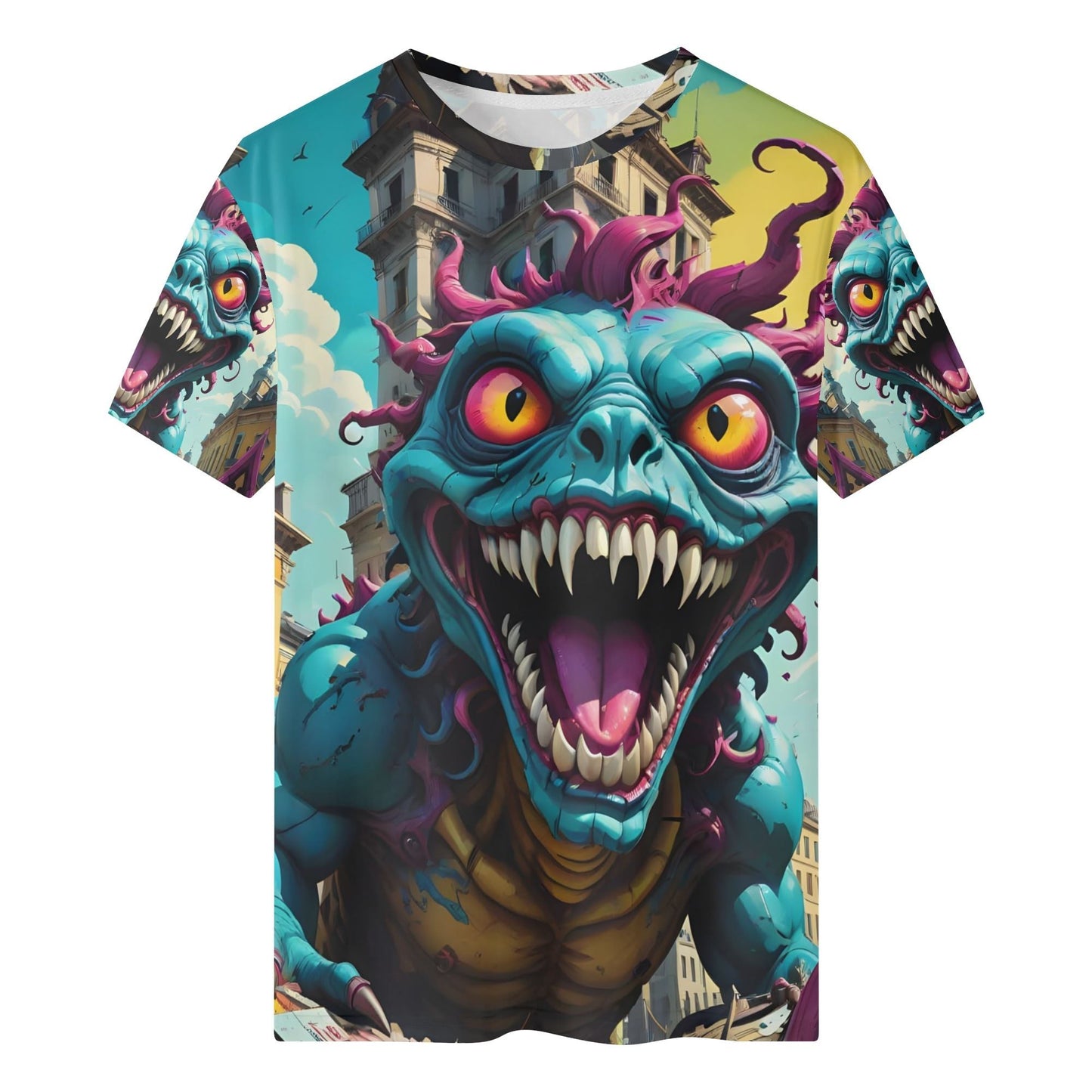 Beast in the Blocks Organic Cotton Kids T-Shirt featuring colorful cartoon monster in cityscape by Loud and Lethal