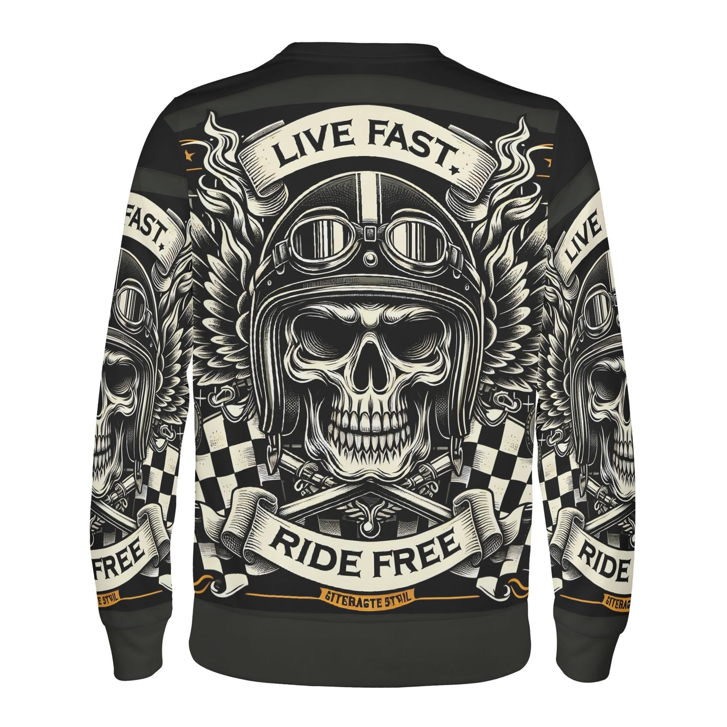 Loud and Lethal unisex sweater featuring winged skull helmet and checkered flags Bikers Oath Poly French Terry Sweatshirt .
