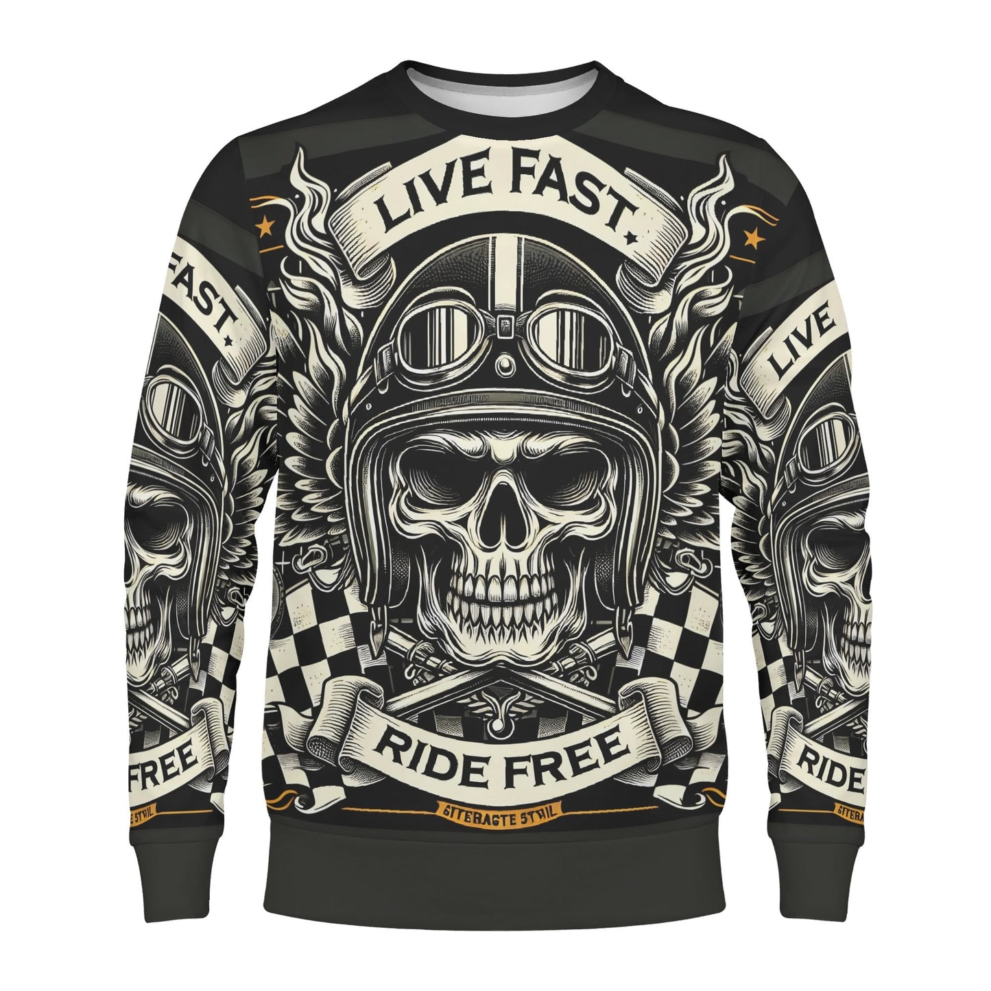 Bikers Oath Poly French Terry Sweatshirt . Loud and Lethal unisex sweater with skull biker helmet graphic