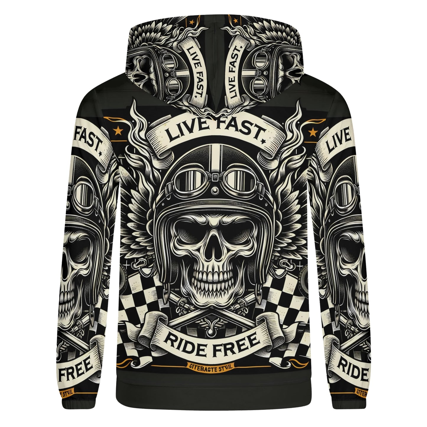 Loud and Lethal Bikers Oath Poly French Terry hoodie with skull biker helmet and live fast ride free design