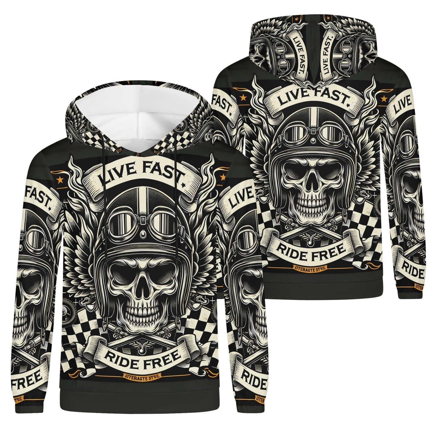 Loud and Lethal Bikers Oath Poly French Terry hoodie with skull biker graphic and live fast ride free design