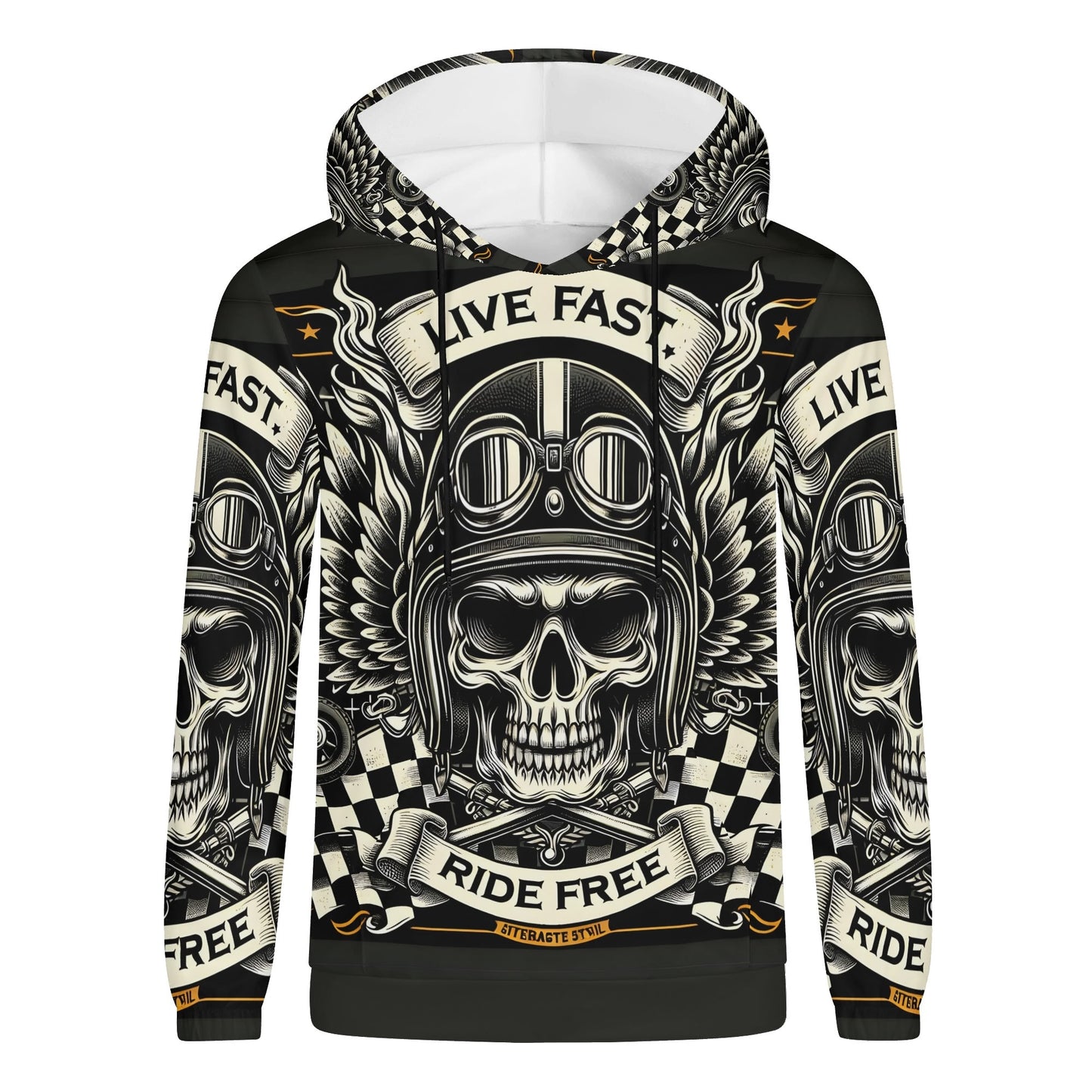 Bikers Oath Poly French Terry hoodie with skull pilot design and Live Fast Ride Free slogan