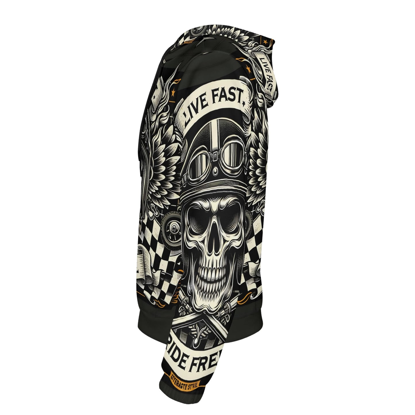 Loud and Lethal Bikers Oath Poly French Terry hoodie with skull and wings motorcycle design in black