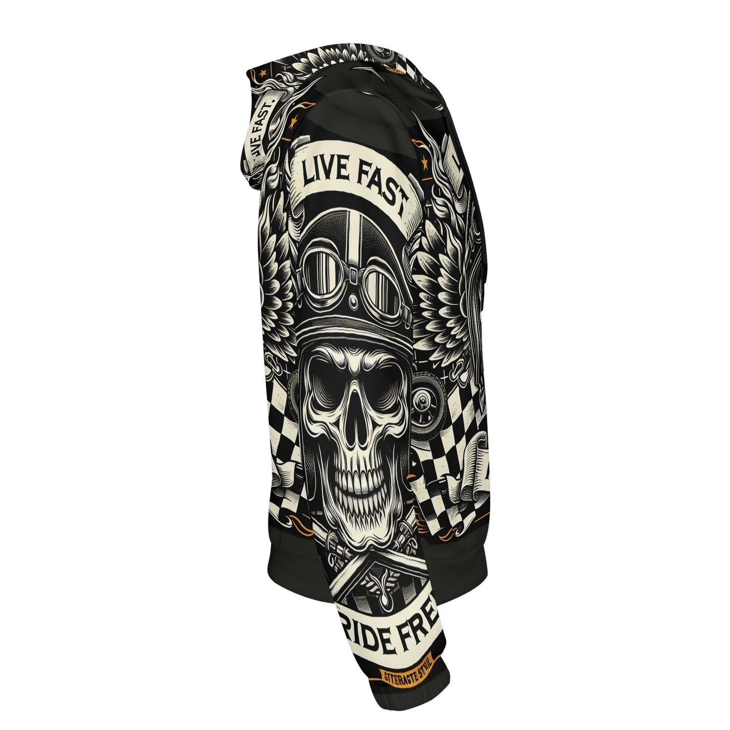 Loud and Lethal Bikers Oath Poly French Terry hoodie with skull and wings design in black and white