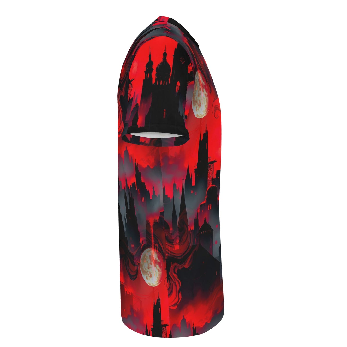 Blood Moon Rising 100 Cotton T-Shirt by Loud and Lethal with red and black gothic cityscape design