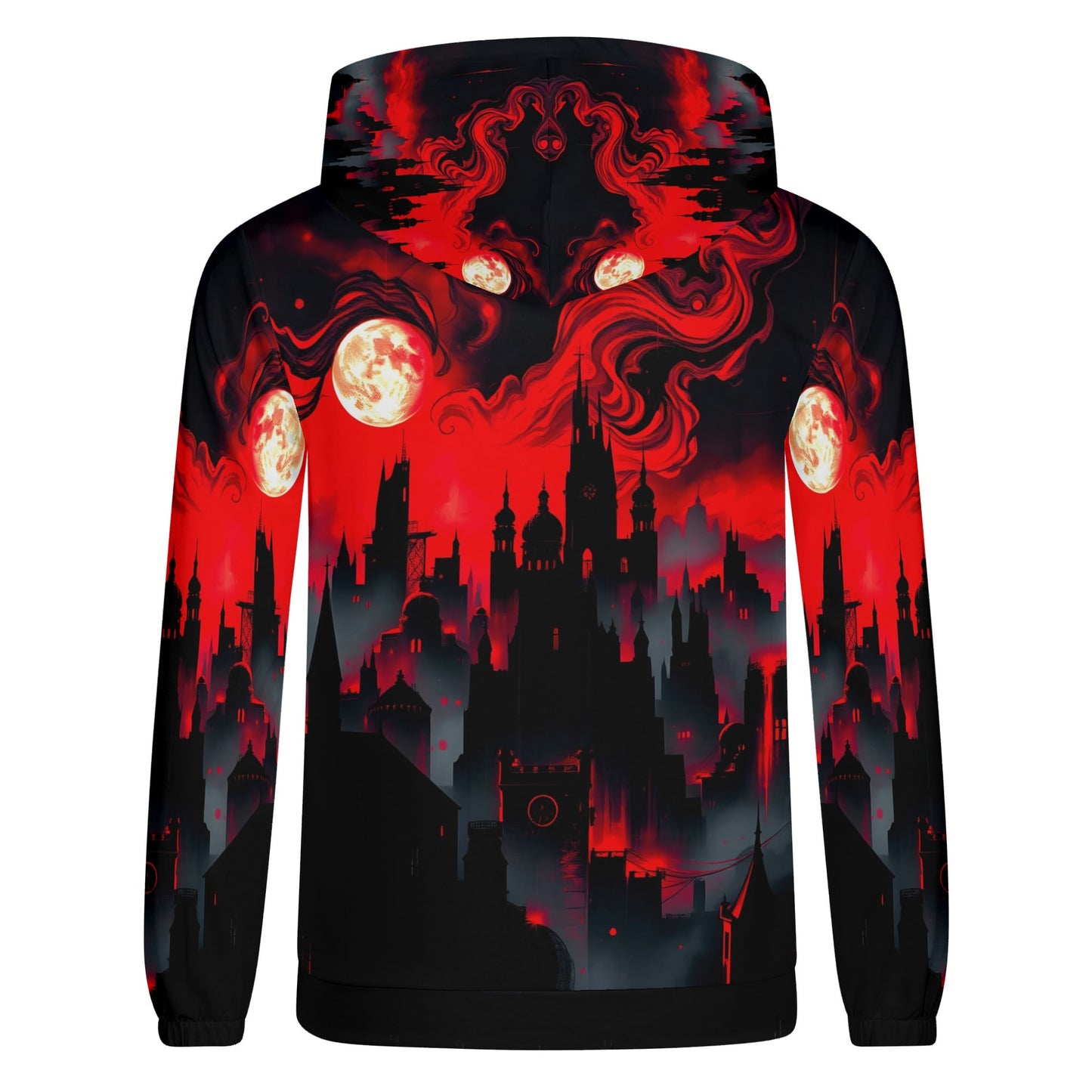 Blood Moon Rising Cotton Terry hoodie by Loud and Lethal with red and black gothic cityscape design
