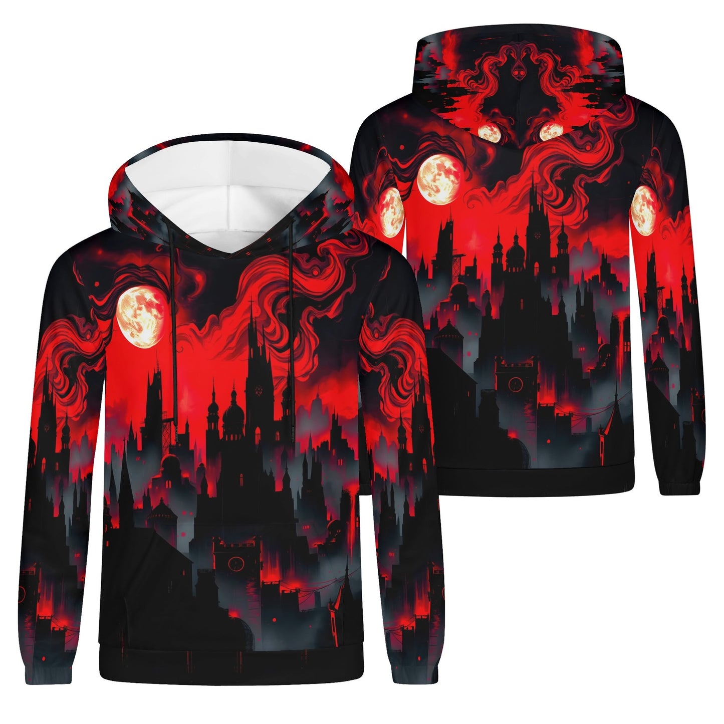 Blood Moon Rising Cotton Terry hoodie by Loud and Lethal with vibrant red moon and dark cityscape design