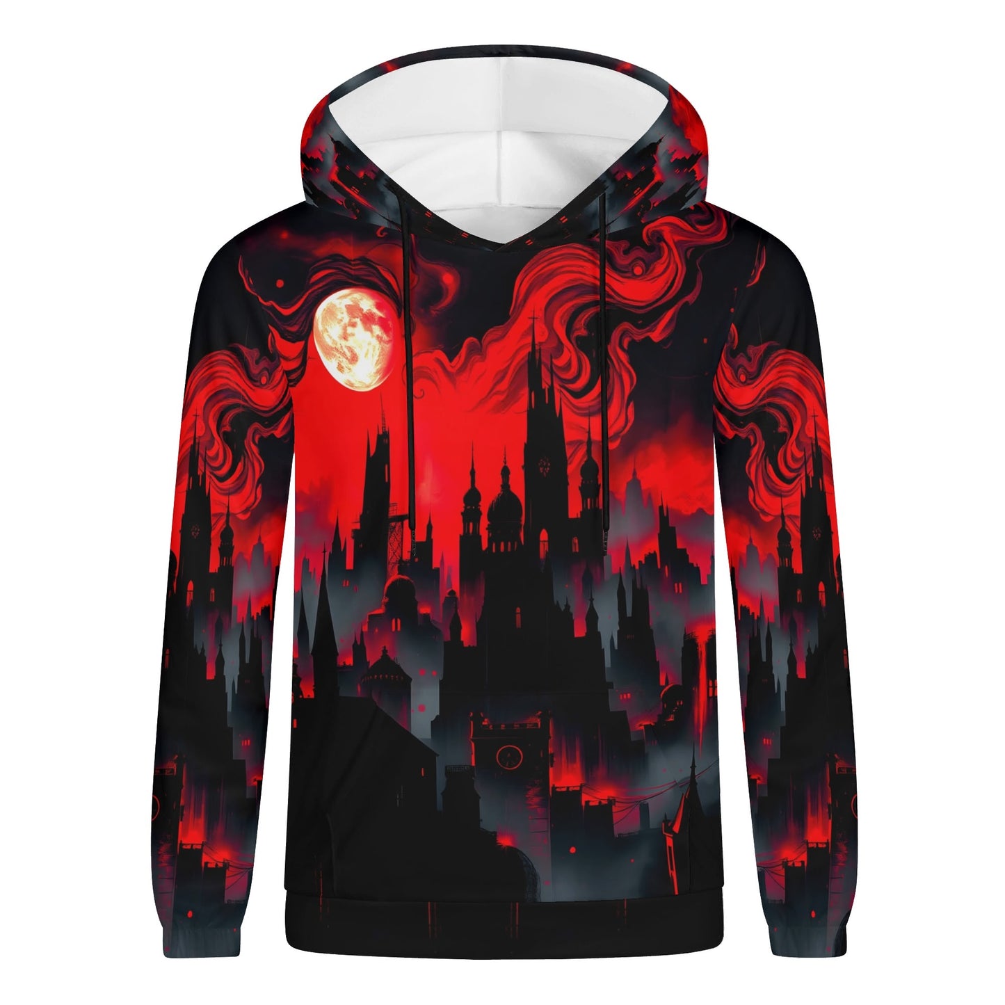 Unisex Blood Moon Rising Cotton Terry hoodie by Loud and Lethal featuring red and black cityscape with a glowing blood moon