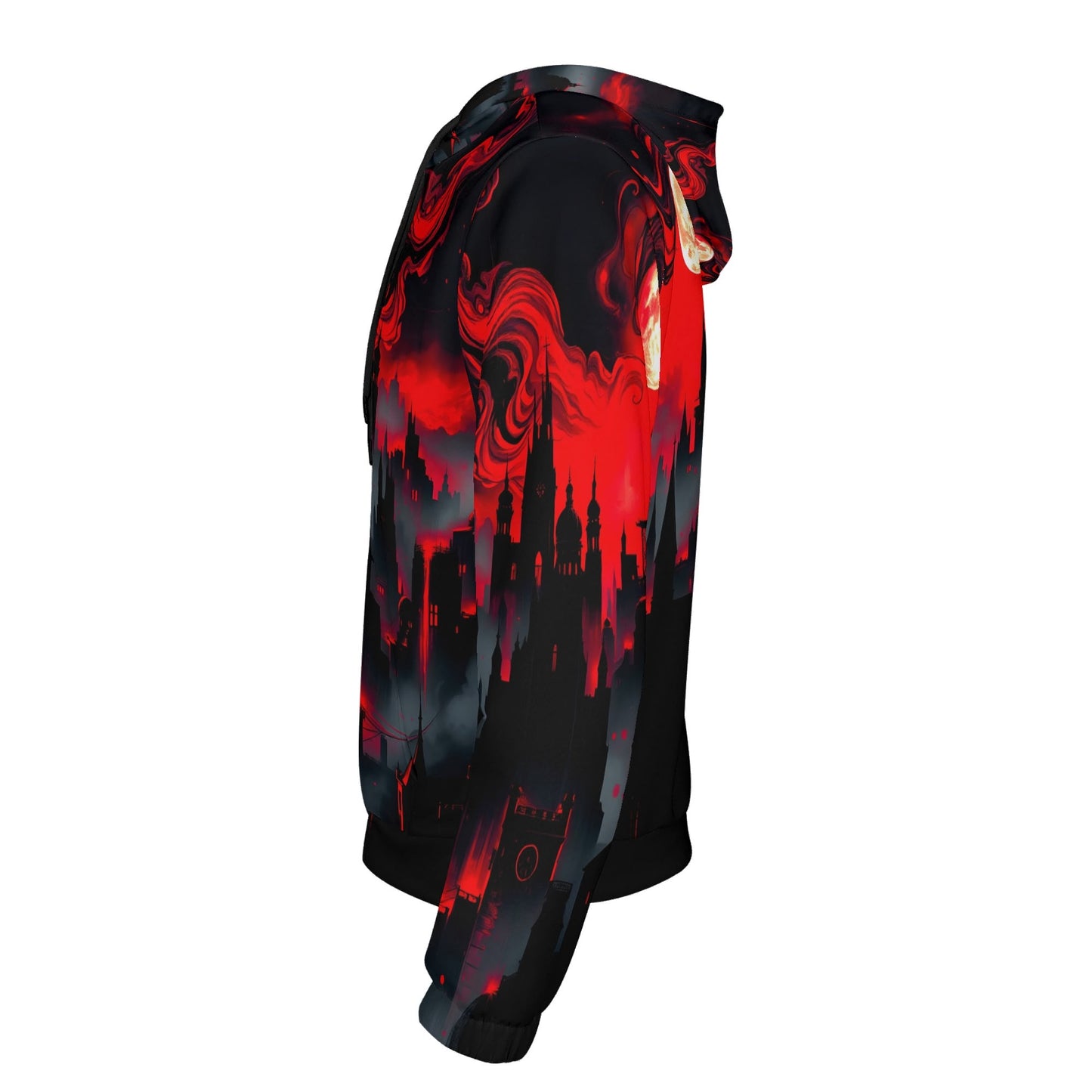 Side view of Loud and Lethal Blood Moon Rising Cotton Terry hoodie with red and black cityscape design