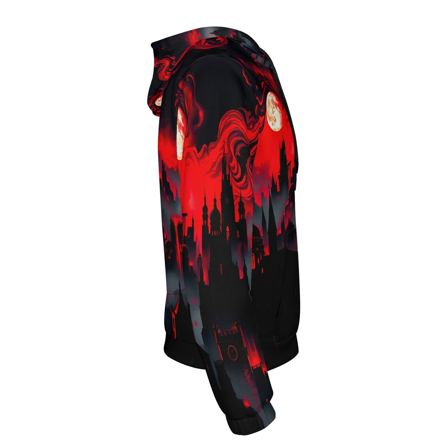 Side view of Blood Moon Rising Cotton Terry hoodie by Loud and Lethal with red and black cityscape design