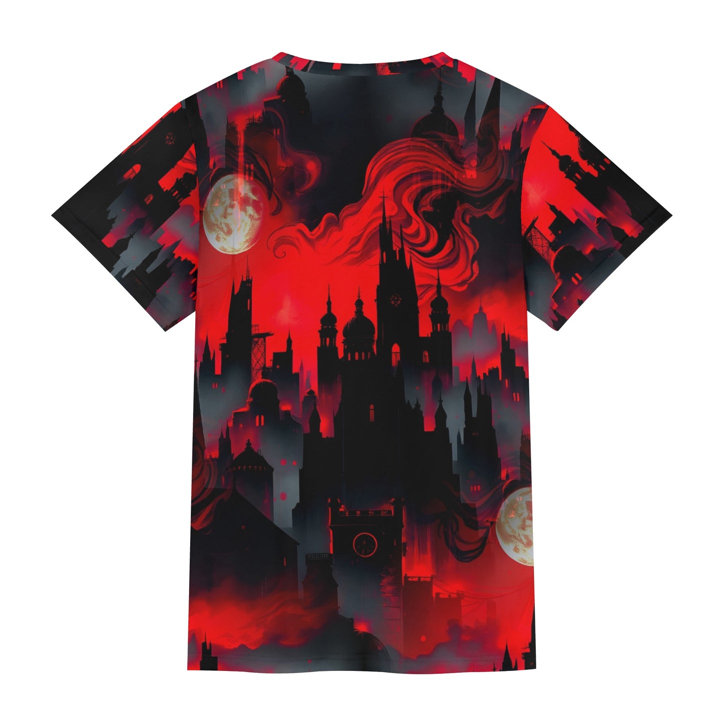 Loud and Lethal Blood Moon Rising Organic Cotton T-Shirt with red and black gothic cityscape design