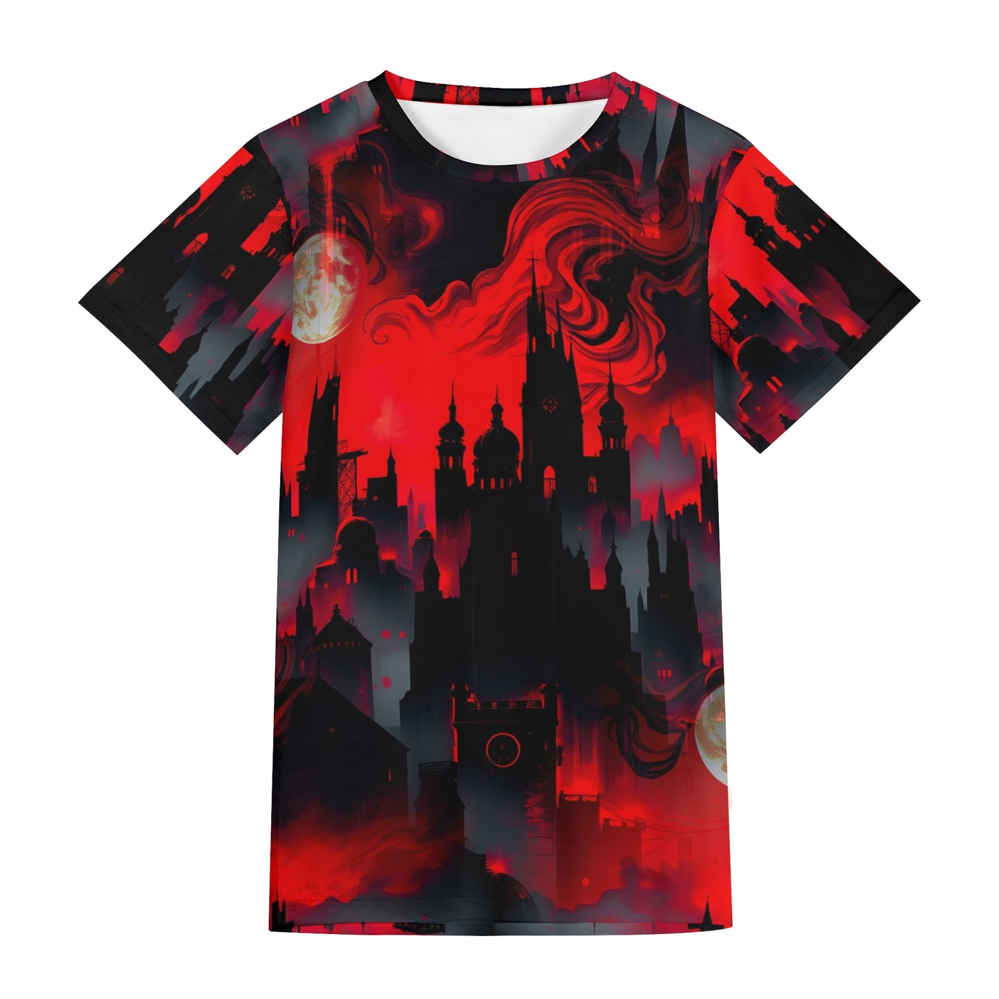 Blood Moon Rising Organic Cotton T-Shirt with red and black gothic cityscape design
