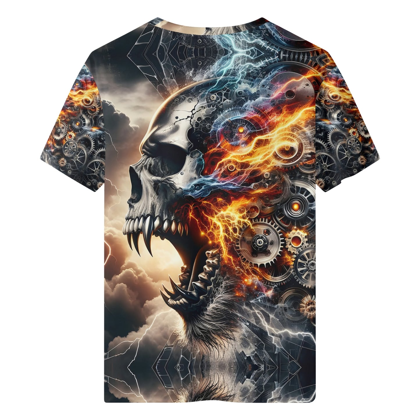 Bolt of the Ancients 100 Cotton T-Shirt featuring a fiery skull with mechanical gears and lightning in a dark fantasy design
