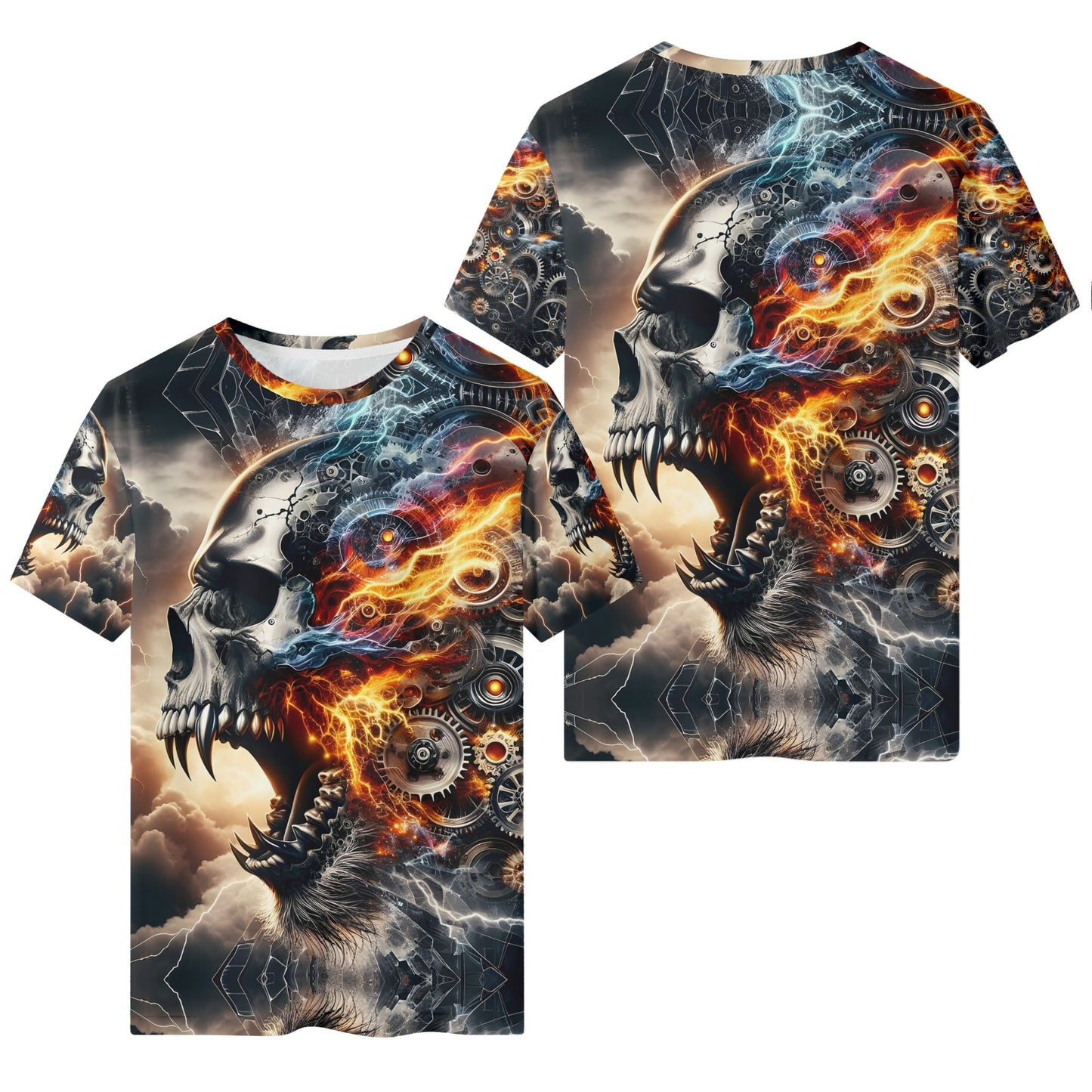 Bolt of the Ancients 100 Cotton T-Shirt with fiery skull and mechanical gear design in unisex style