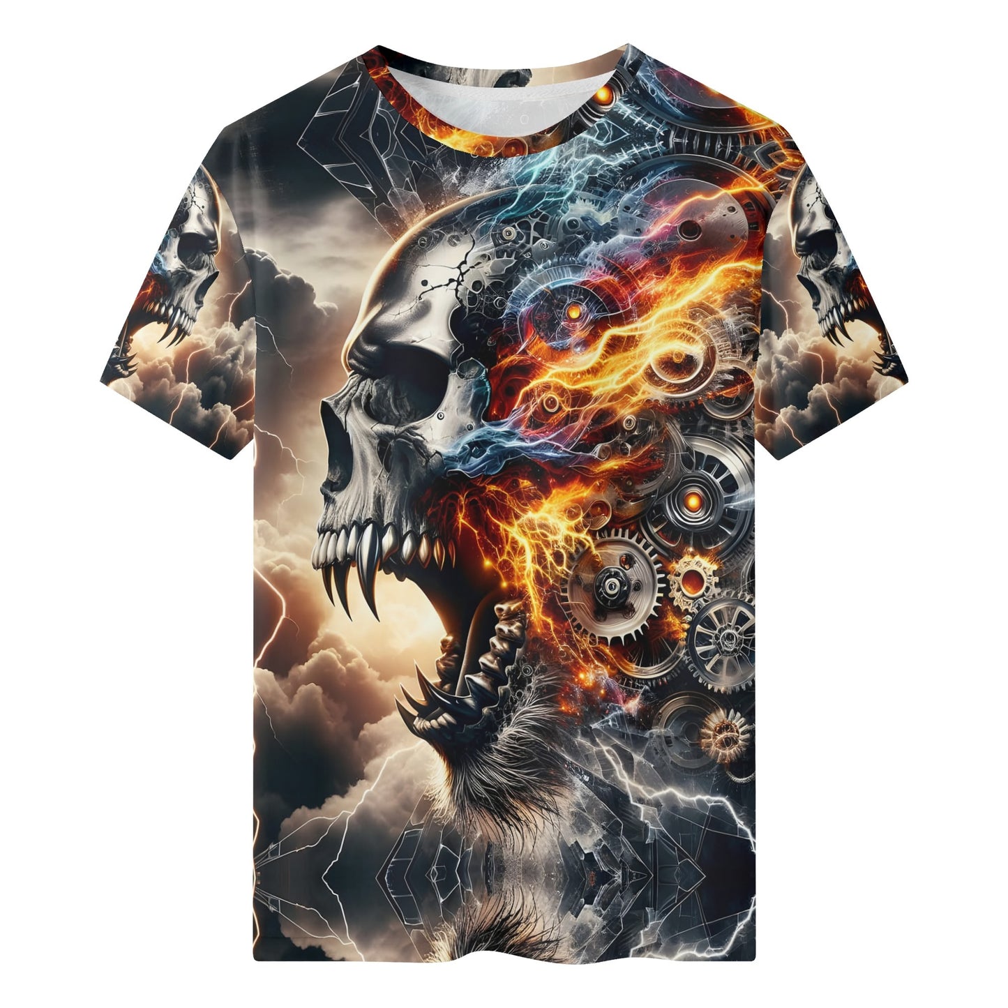 Loud and Lethal Bolt of the Ancients 100 Cotton T-Shirt featuring fiery skull and mechanical gears design