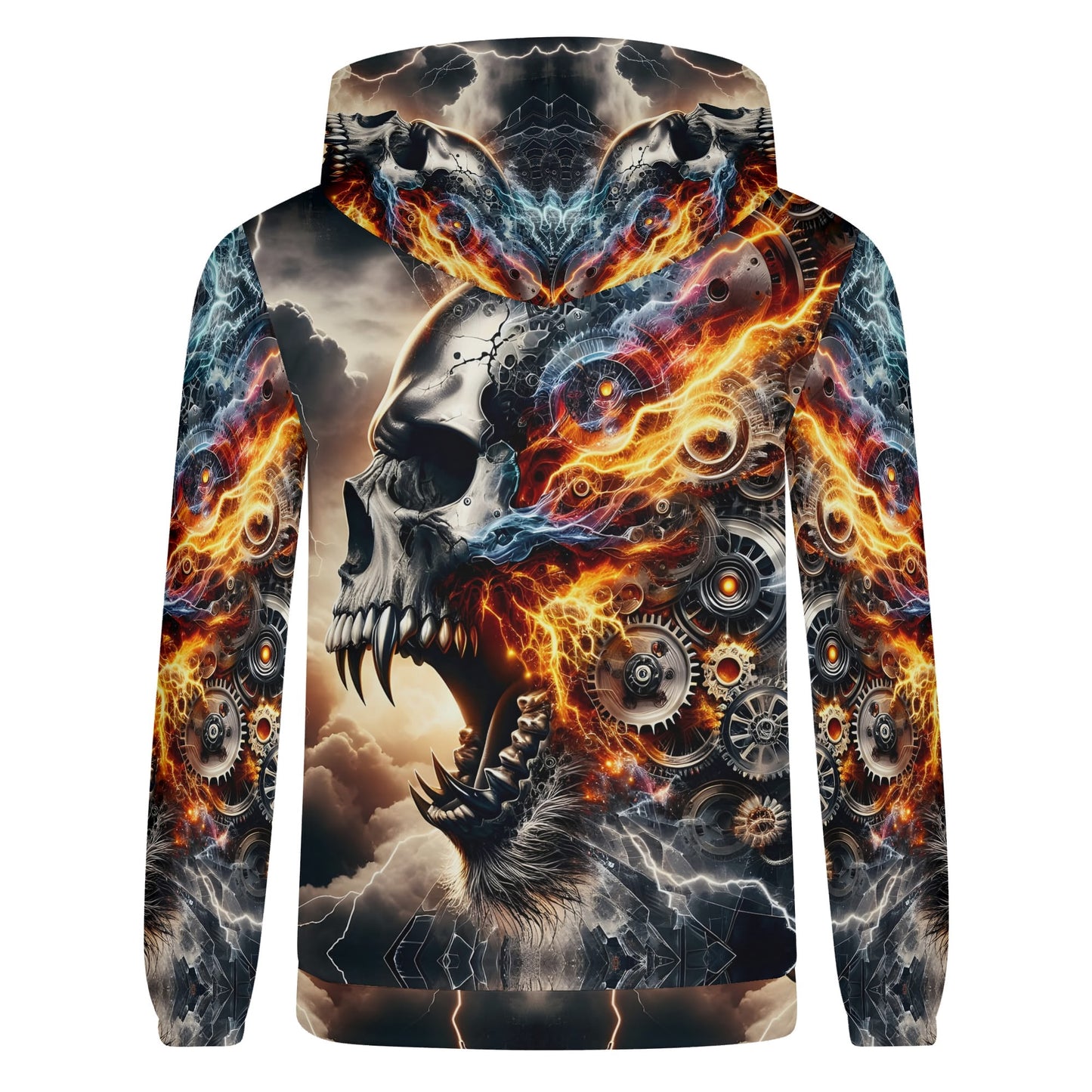 Bolt of the Ancients Poly French Terry hoodie by Loud and Lethal featuring fiery skull and mechanical gear design
