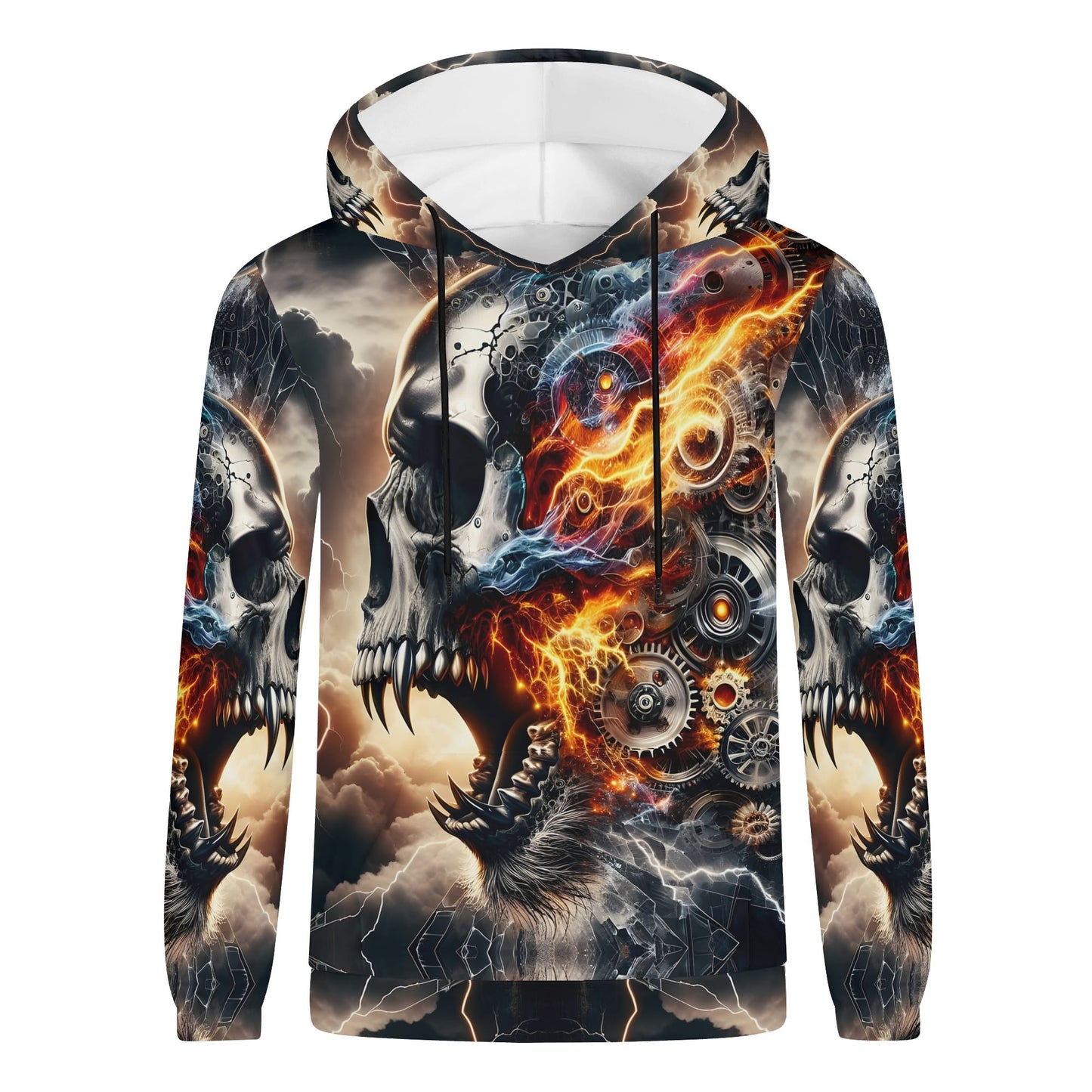 Bolt of the Ancients Poly French Terry hoodie by Loud and Lethal with fiery skull and mechanical gear design