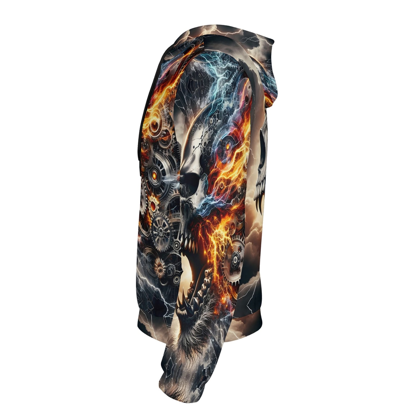 Bolt of the Ancients Poly French Terry hoodie featuring fiery skull and mechanical gear design