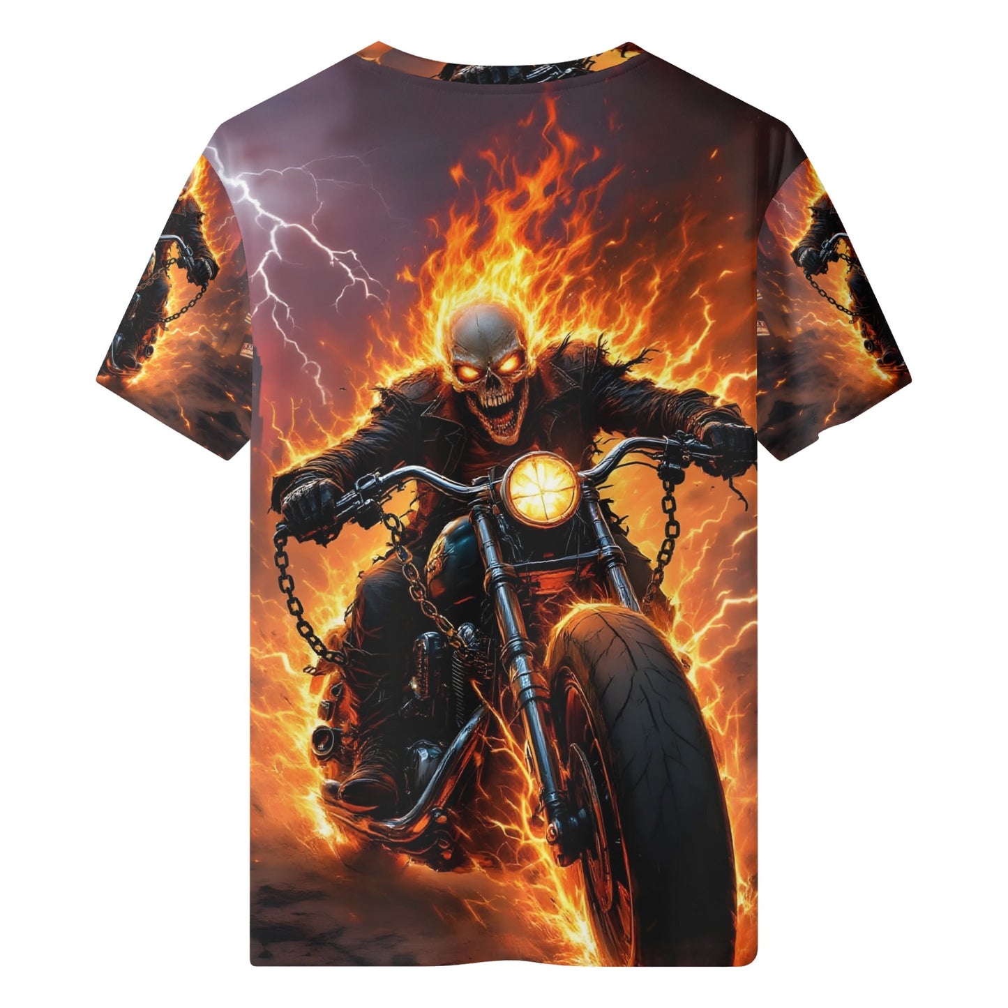 Born to Raise Hell 100 Cotton T-SHIRT featuring fiery skeleton biker on motorcycle with lightning background