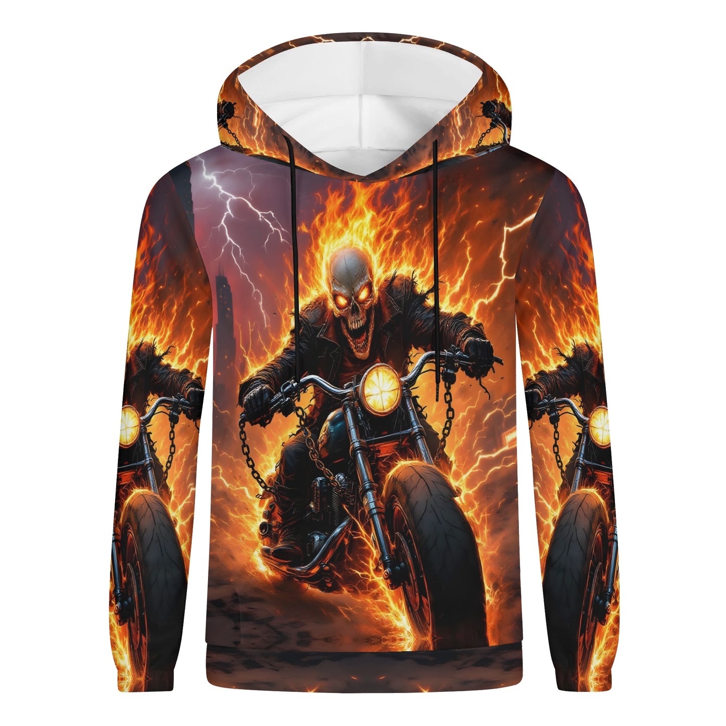 Born to Raise Hell Cotton Terry hoodie featuring fiery skeleton biker graphic on unisex hoodie