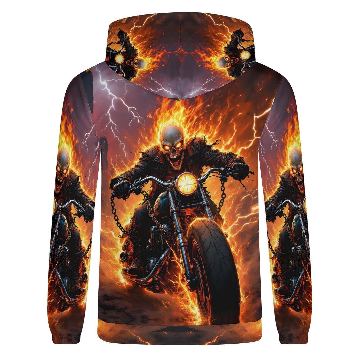 Born to Raise Hell Poly French Terry hoodie with fiery skeleton biker design in vibrant colors