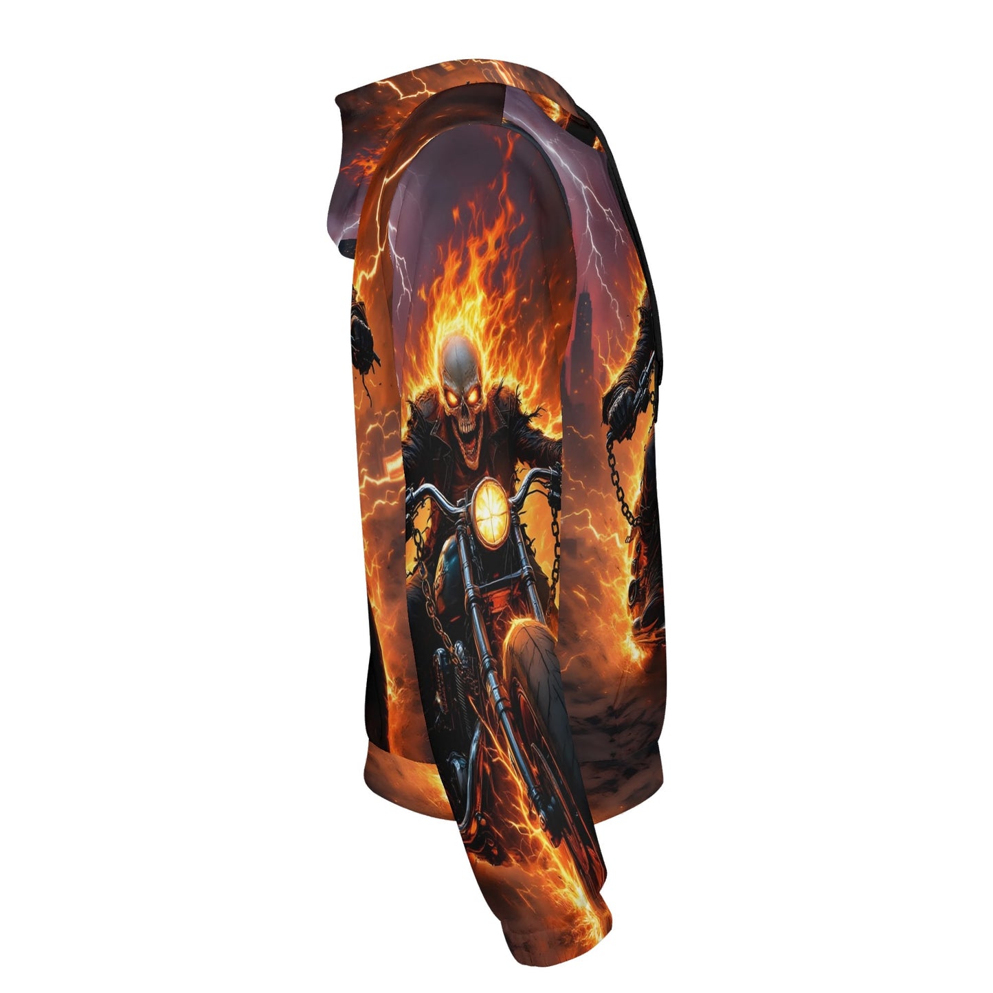 Born to Raise Hell Poly French Terry hoodie with fiery skeleton biker graphic by Loud and Lethal